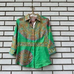 Robert Graham XS Green Paisley Medallion Linen Cotton Button Up Shirt Boho Luxe